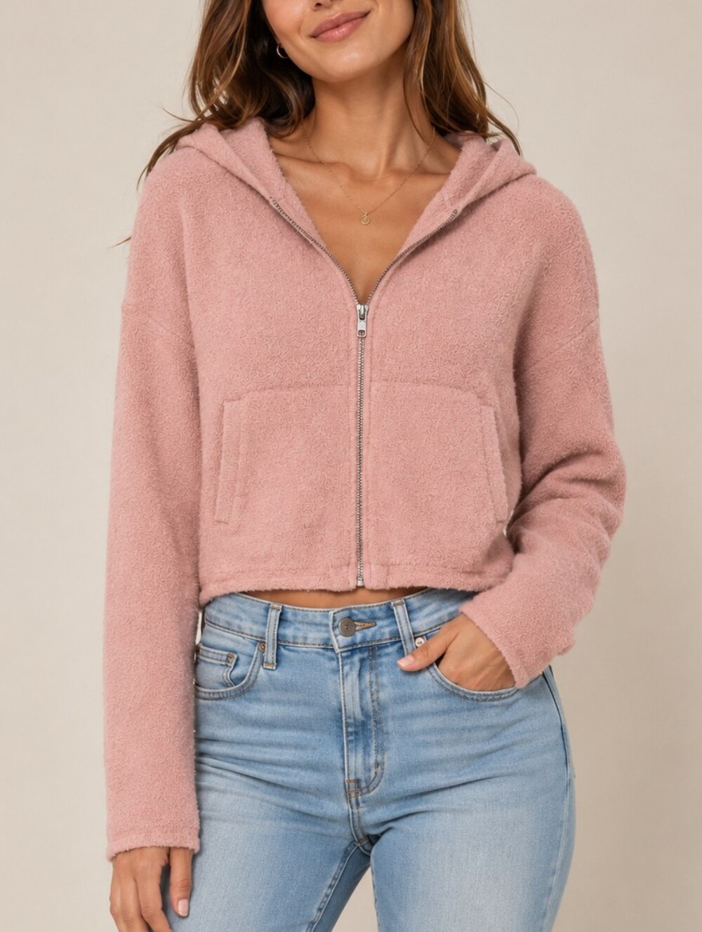 Free People FP Pink Fuzzy Cropped Zip Up Hoodie Women Medium FP One Queenie Cozy